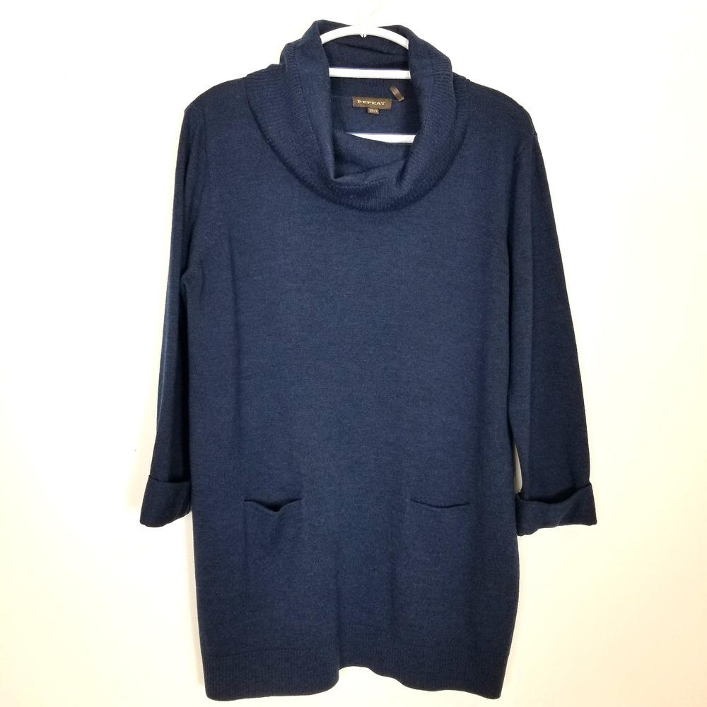 Repeat Women Cowl Neck Merino Wool Tunic Sweater Sz S Blue Pockets Lagenlook‎